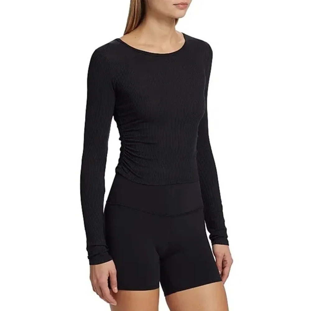 Alo Yoga Gathered Rib-Knit Crop Top Black Side Ruched Long Sleeve Top Women's